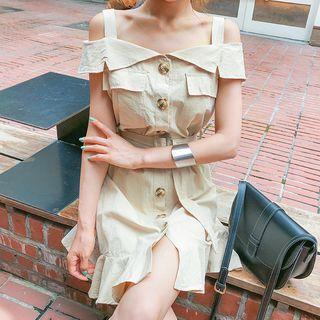 Off-shoulder Belted Flounced Shirtdress