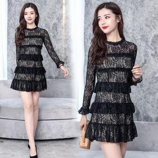 Frill Trim Long Sleeve Lace Dress