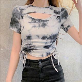 Short-sleeve Cutout Tie-dye Drawstring Cropped T-shirt
