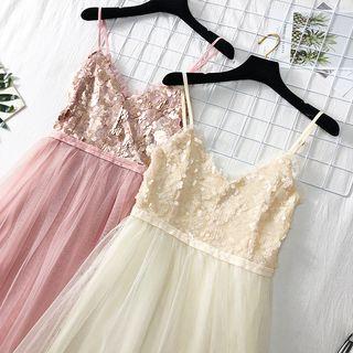 Sleeveless Sequined Mesh A-line Dress