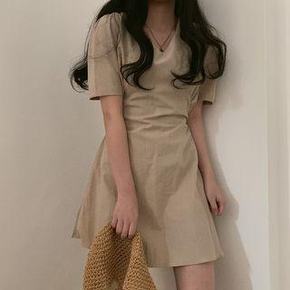 Plain V-neck Short-sleeve Dress Khaki - One Size