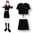 Set: Lettering Short-sleeve T-shirt + A-line Skirt Black - One Size