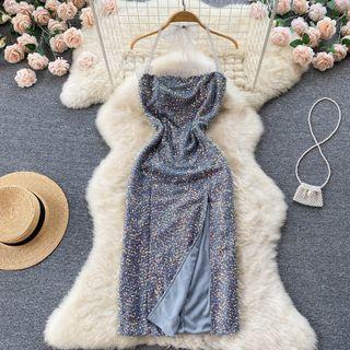 Spaghetti-strap Halter Neck Glitter Midi Sheath Dress