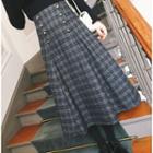 Set: Bell-sleeve Knit Top + Plaid Midi Suspender Skirt