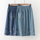 Cat Paw Embroidered Denim Midi A-line Skirt