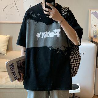 Lettering Print Tie-dyed Oversized Elbow Sleeve T-shirt