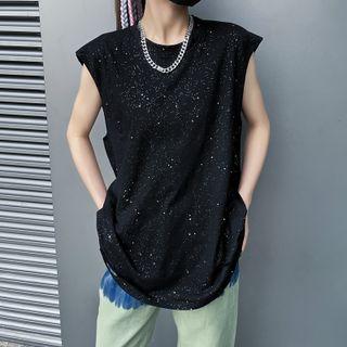 Galaxy Print Sleeveless Oversized Tank Top Black - One Size