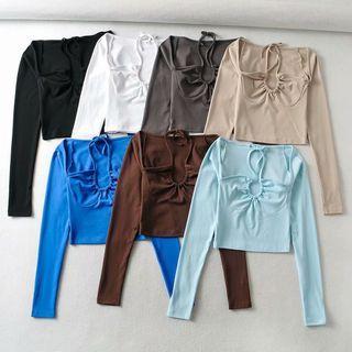 Long Sleeve Halter-neck Plain Crop Top
