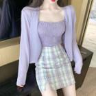 Button Camisole Top / Open-front Cardigan / Plaid Mini Straight-fit Skirt
