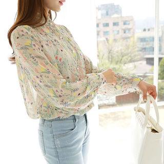 Frill-neckline Faux-pearl Button Floral Blouse