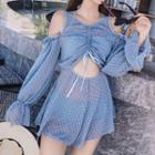 Set: Polka Dot Bikini + Long-sleeve Cold-shoulder Cover-up
