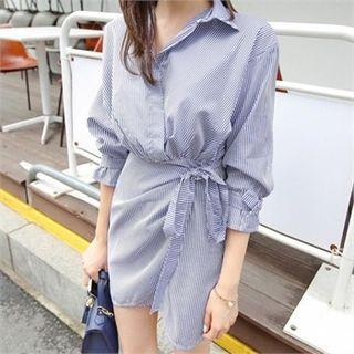 Long-sleeve Wrap-front Stripe Cotton Mini Dress