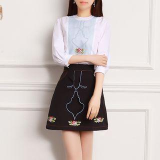 Set: Embroidered Color Panel 3/4 Sleeve Blouse + Embroidered A-line Skirt