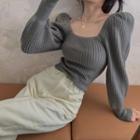 Square-neck Long-sleeve Knit Top As Shown In Figure - One Size
