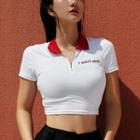 Lettering Collared Short-sleeve Crop Top
