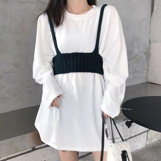 Set: Long-sleeve Plain T-shirt + Spaghetti Strap Top