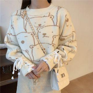 Long-sleeve Lace Up Bear Embroidered Knit Top