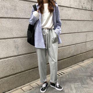 Striped Long-sleeve Loose-fit Shirt / Plain Pants