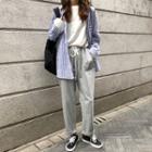 Striped Long-sleeve Loose-fit Shirt / Plain Pants