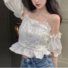 Cold-shoulder Ruffle Trim Cropped Blouse White - One Size