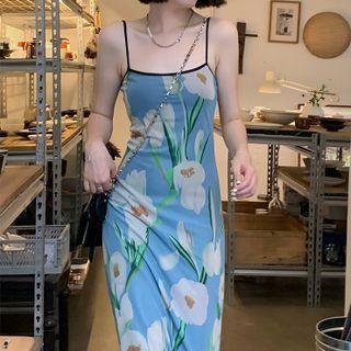 Spaghetti Strap Flower Print Mesh Midi Dress Blue - One Size