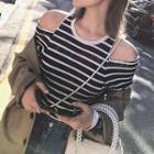 Cut Out Shoulder Striped Long Sleeve Knit Top