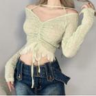 Long Sleeve Strappy Ribbed-knit Drawstring Crop Top