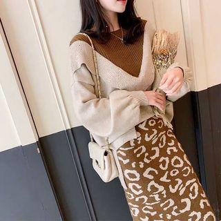 Set: Ruffle-trim Sweater + Leopard Print Midi Knit Skirt Sweater - Melange Almond - One Size / Skirt - Khaki - One Size