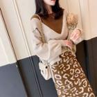 Set: Ruffle-trim Sweater + Leopard Print Midi Knit Skirt Sweater - Melange Almond - One Size / Skirt - Khaki - One Size