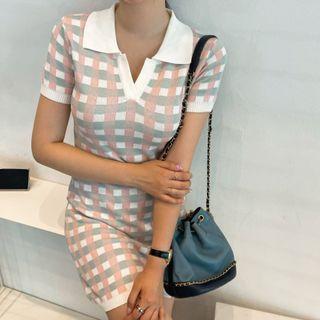Short-sleeve Plaid Mini Sheath Knit Dress Green & Pink - One Size