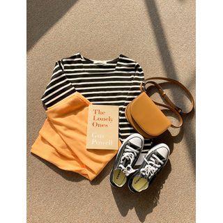 Square-neck Slit-cuff Striped T-shirt