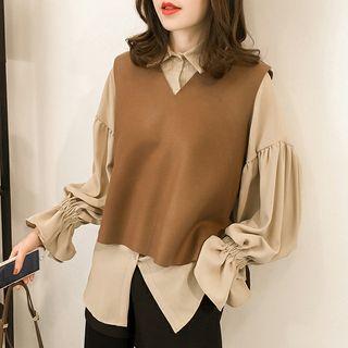 Set: Balloon Sleeve Blouse + Vest