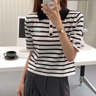 Short-sleeve Collar Striped T-shirt Stripe - Black & White - One Size