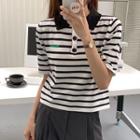 Short-sleeve Collar Striped T-shirt Stripe - Black & White - One Size
