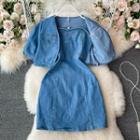 Set: Denim Slipdress + Puff Sleeve Crop Cardigan