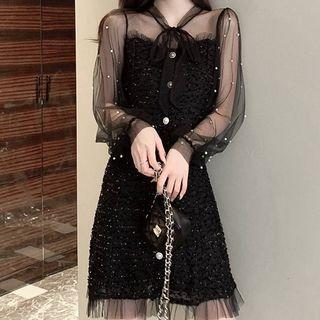 Long-sleeve Mesh Panel Tweed Midi Dress