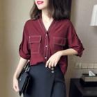 3/4-sleeve Pocketed Blouse