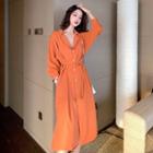 Long-sleeve Tie-waist Plain Shirt Dress
