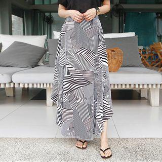 Elasticized-waist Pattern Flared Maxi Skirt