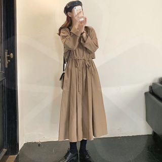 Long-sleeve Drawstring-waist Midi A-line Dress I41-s - Khaki - One Size