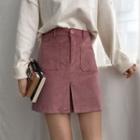 Slit-front Mini A-line Corduroy Skirt