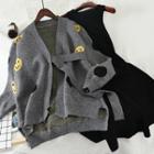 Set: Ribbed Sleeveless Knit Dress + Jacquard Cardigan Gray - One Size