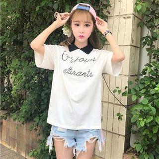 Elbow-sleeve Lettering Collared Top White - One Size