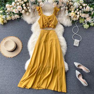 Set: Ruffle-strap Crop Top + A-line Midi Skirt