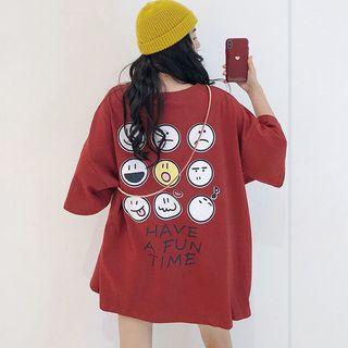 Oversized Elbow-sleeve Emoji Print T-shirt