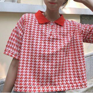 Short-sleeve Houndstooth Print Polo Shirt