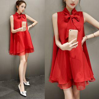 Sleeveless Bow Accent Stripe Chiffon Dress