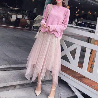 Set: Plain Sweater + A-line Midi Skirt As Shown In Figure - One Size