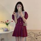 Short-sleeve Collared Blouse / Pleated Skirt