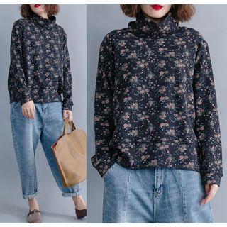 Long-sleeve Floral Print Turtleneck Top